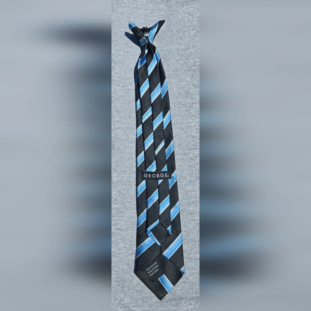 Boy's George Black Clip On Tie w/ Blue and White Stripe Pattern